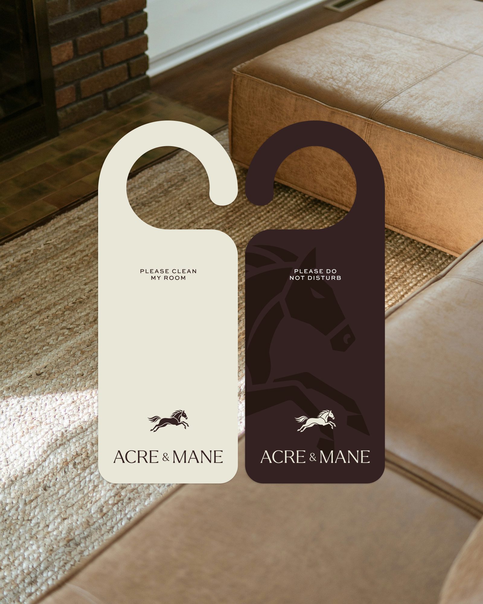 Acre & Mane door hangers on a textured rug background