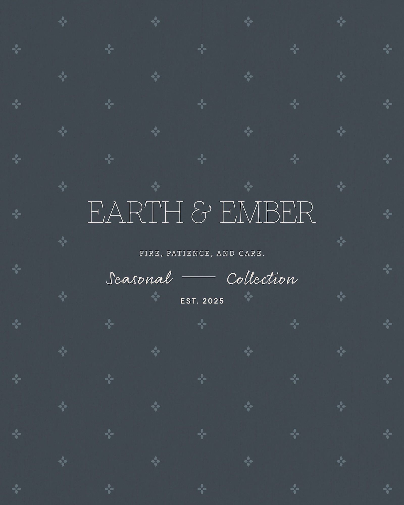 Earth & Ember candle box with pattern detail on a dark blue background