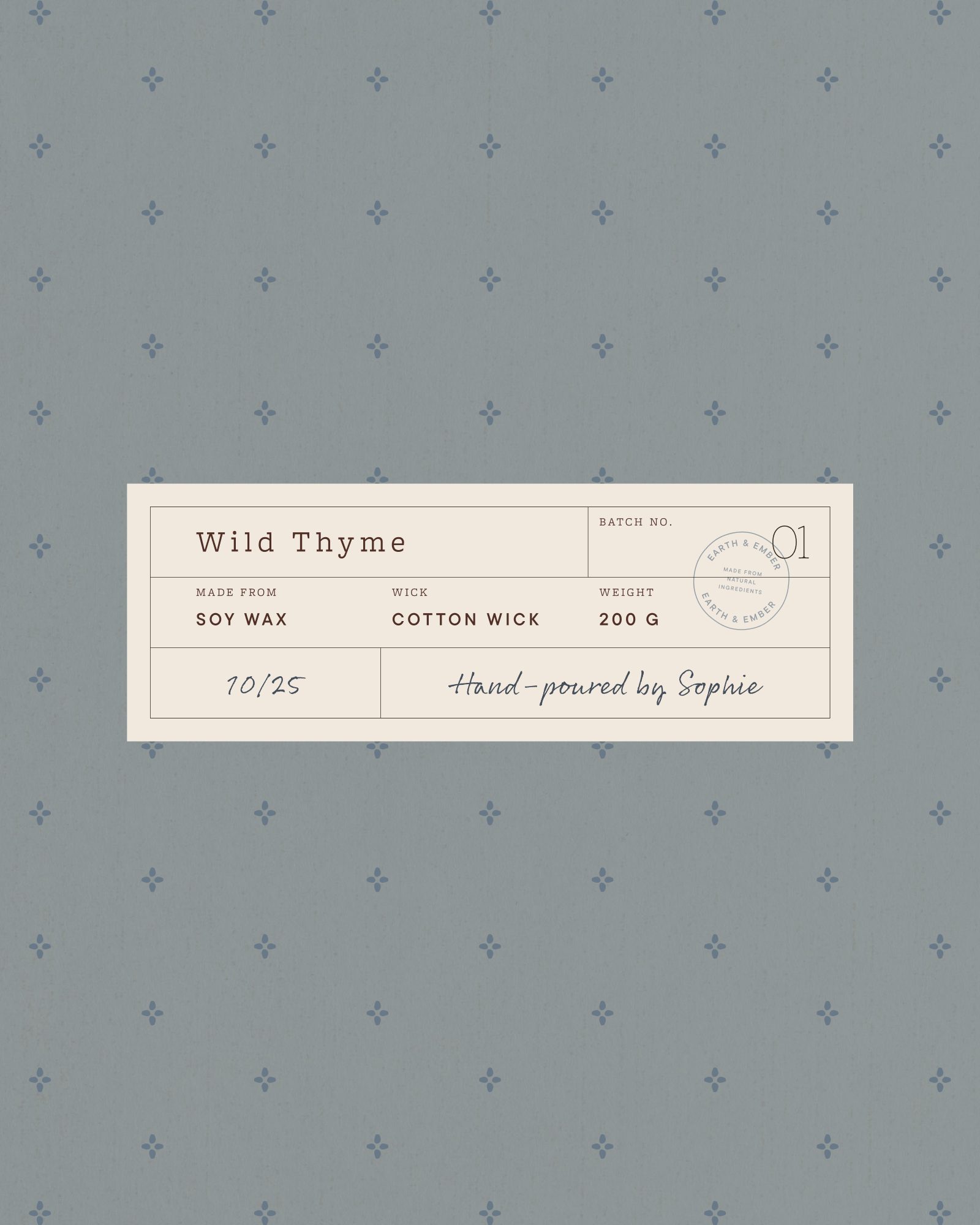 Blue-grey brand pattern with small diamond motifs and candle wild thyme label
